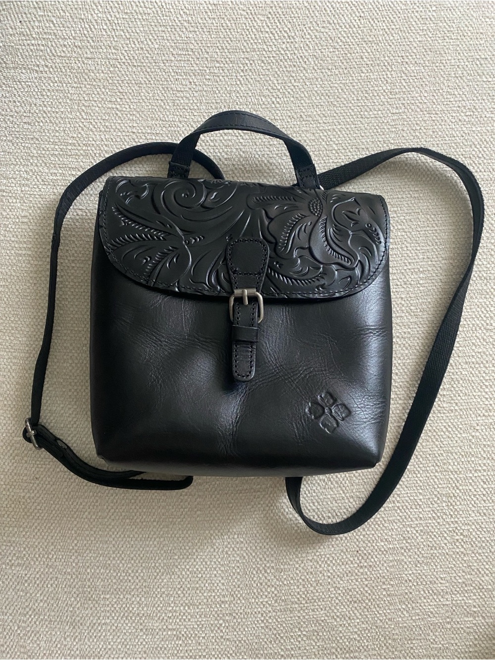 Patricia Nash Black Floral-Tooled Leather Mini Backpack